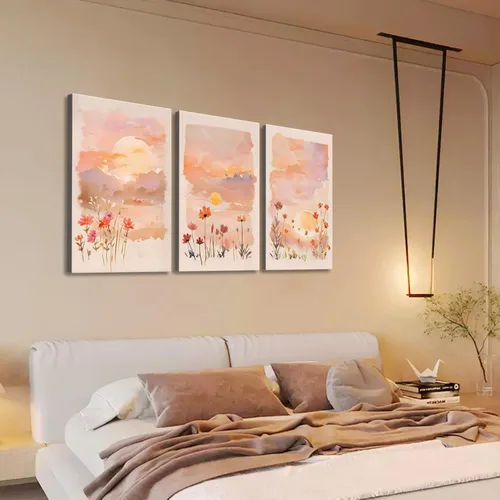 Vista 7 de Eysintum 3 paneles de arte de pared de atardecer rubor, impresiones en lienzo floral en acuarela, arte de paisaje de flores silvestres, decoración