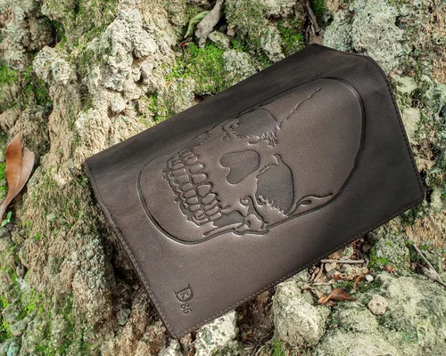 Vista 2 de DK86 Cartera larga de calavera para hombre, de cuero de grano completo, con bloqueo Rfid, cartera plegable para roeo, billetera plegable, color café