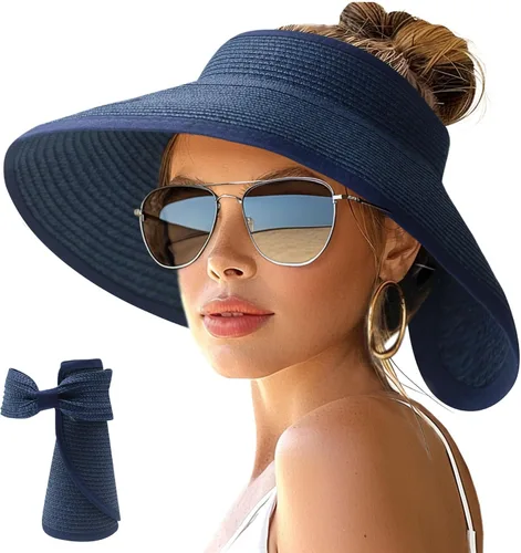 Vista 25 de NPJY Sun Hats for Women Wide Brim Roll-Up Ponytail Packable Straw Visor Blanco