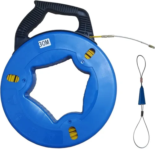 Vista 8 de Jalacable de alambre de acero de 4 mm, de 20 metros con estuche de almacenamiento de alambre. Herramienta para cableado con forma de hélice
