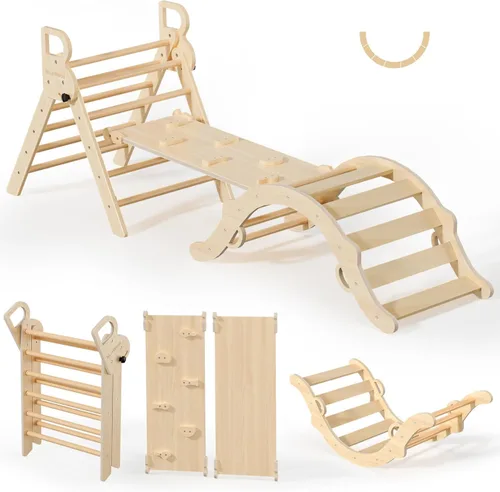 Vista 12 de BlueWood Pikler - Juego de triángulos de madera para niños pequeños, escalador plegable 7 en 1 para interiores para niños, juego de filosofía