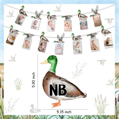 Vista 5 de Cartel de fotos de 1er cumpleaños de pato mallardo, cartel con imagen temática de pato de recién nacido a 12 meses, registro de crecimiento