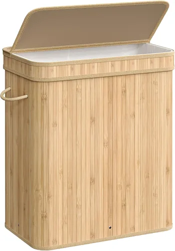 Vista 13 de SONGMICS Cesta de lavandería con tapa, cesta de lavandería de bambú con asas, cesta de almacenamiento plegable para lavandería, dormitorio, 100