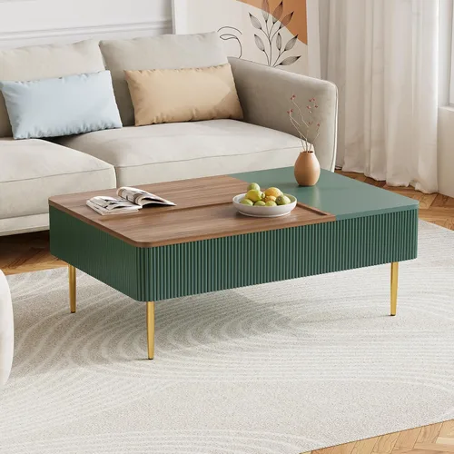 Vista 6 de HLR Mesa de Centro de 47" con Tapa de Elevación Doble y Almacenamiento, Mesa de Centro Moderna de Madera Acanalada con Compartimento Oculto, Mesa