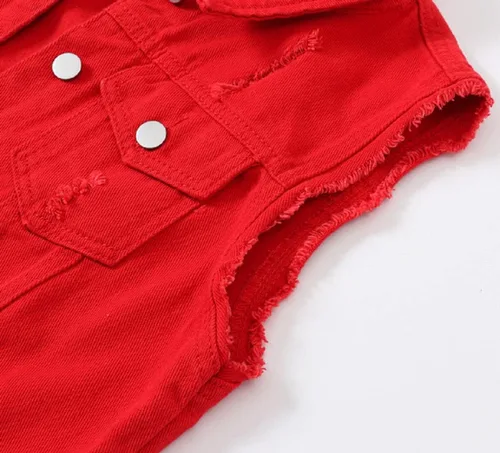 Vista 4 de CHARTOU Chaleco de mezclilla deshilachado sin mangas con botones y cuello de solapa para mujer