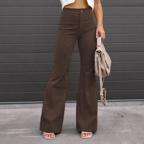 Vista 3 de Pantalones acampanados de color sólido para mujer, con microsolapas, cintura alta, cómodos, con bolsillos