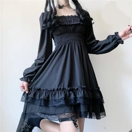 Vista 3 de Vestido gótico negro para mujer, manga larga, vintage, steampunk, drapeado, bodycon, Negro