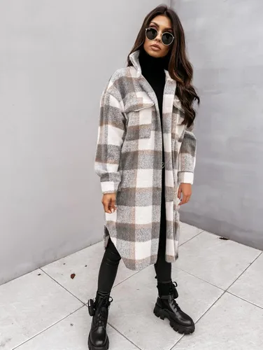 Vista 5 de Yousify Chaqueta larga con solapa a cuadros para mujer cepillada con botones y bolsillos