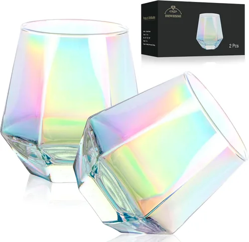 Vista 7 de Copa de vino sin tallo para vino tinto y blanco, cristalería iridiscente en forma de diamante para whisky, cóctel, regalo para aniversario, boda