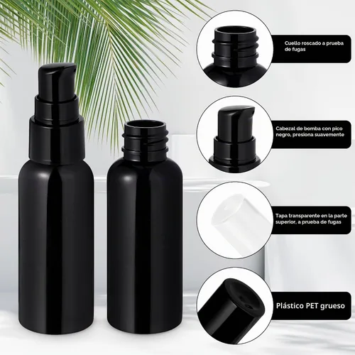 Vista 4 de Juego de botellas con bomba de viaje, paquete de 10 dispensadores de bomba de plástico transparente vacíos de 2 onzas (2.0 fl oz) con tapa negra