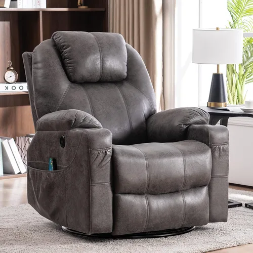 Vista 11 de MEETWARM Silla reclinable giratoria de masaje ergonómica con calor, silla reclinable mecedora manual mecedora giratoria de 360° con 4