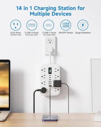 Vista 3 de Cable de extensión corto de 2 pulgadas, regleta pequeña extensor de toma plana protector contra sobretensiones con 8 salidas de CA, 6 USB