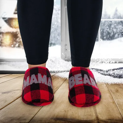 Vista 2 de Pantuflas mullidas para mamá, Pappa, Lil Bear para mujeres, hombres y niños, zapatos de casa a cuadros para interiores y exteriores, suela dura