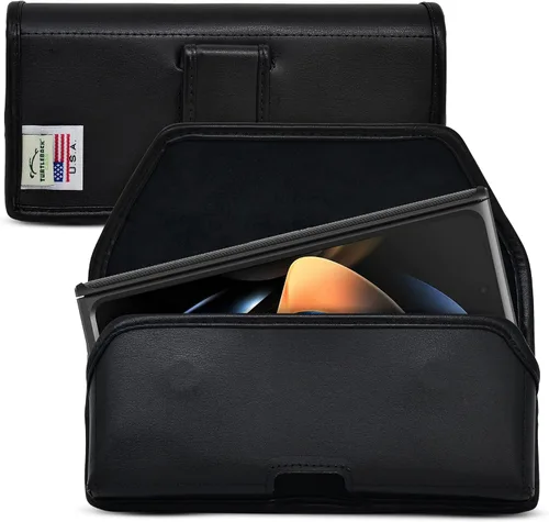 Vista 10 de Turtleback Funda diseñada para Galaxy Z Fold6 Fold 5 Fold 4 con funda delgada para cinturón horizontal, bolsa de cuero negro con clip ejecutivo