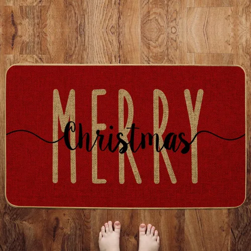 Vista 7 de Alfombra Decorativa de Puerta de Bienvenida Roja Feliz Navidad, Alfombra de Puerta de Invierno de Temporada, Alfombra de Piso de Perfil Bajo