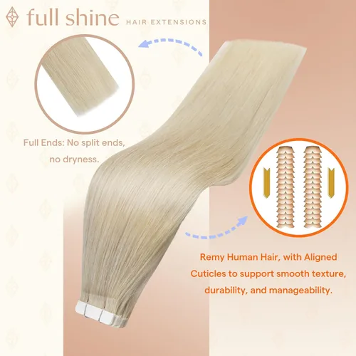 Vista 142 de Full Shine - Extensiones de cabello humano con cinta, mezcla de rubio hongo # 8 castaño ceniza resaltado 60 rubio ceniza