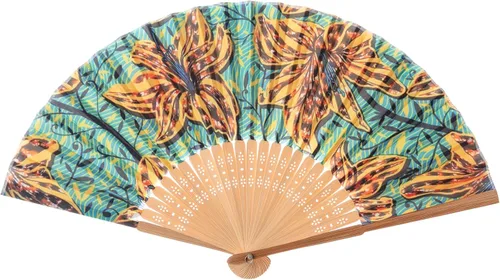 Vista 11 de Abanico de mano de bambú Salutto con patrón impreso, abanico plegable para regalo de fiesta de boda, azulejo vidriado