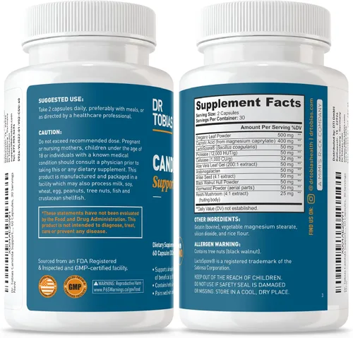 Vista 5 de Dr. Tobias Candida Support, complejo de equilibrio de flora intestinal con orégano, ácido caprílico, enzimas y probióticos, apoya la limpieza