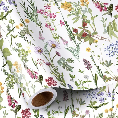 Vista 10 de RUSPEPA Papel de regalo reversible floral para niñas y mujeres, mini rollo, acuarela azul floral y azul sólido papel de regalo para cumpleaños