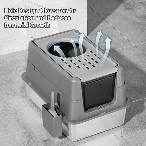 Vista 5 de Caja de arena para gatos de acero inoxidable con tapa, caja de arena de metal cubierta cerrada con tapa abatible de 180°, caja para gatos de alta