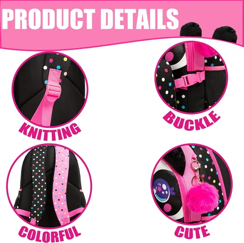 Vista 5 de Mochilas escolares para niñas con lonchera, mochila escolar para niñas, juego de mochila escolar bonita para jardín de infantes, Negro -, Mochila