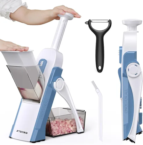 Vista 10 de Cortador de mandolina 5 en 1 seguro para cocina, picador de verduras seguro, cuchillo de pelar, grosor ajustable, fácil de limpiar, rebanador