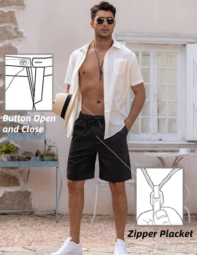 Vista 2 de COOFANDY Pantalones cortos de lino para hombre con cintura elástica y cordón para playa