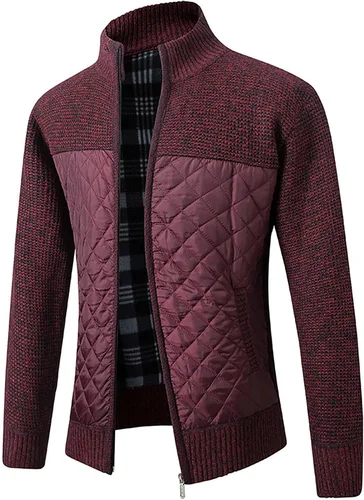 Vista 2 de Mens Long Sleeve Cardigan Sweater Quilted Patchwork Knit Cardigan Warm Stand Collar Fleece Jacket Winter Warm Coat