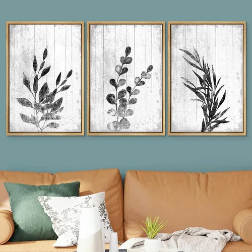 Vista 253 de SIGNWIN Lienzo enmarcado para pared, juego de arte de collage de hojas transparentes en blanco y negro, ilustraciones de naturaleza silvestre, arte