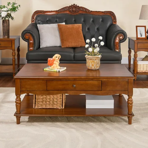 Vista 9 de Mesa de centro redonda de madera, mesas de centro de madera maciza para sala de estar, mesa de centro moderna de mediados de siglo con patas