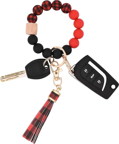 Vista 18 de BAOSIWA Pulsera de cuentas de silicona, llavero de pulsera, cadena para mujer, con borla de cuero Negro