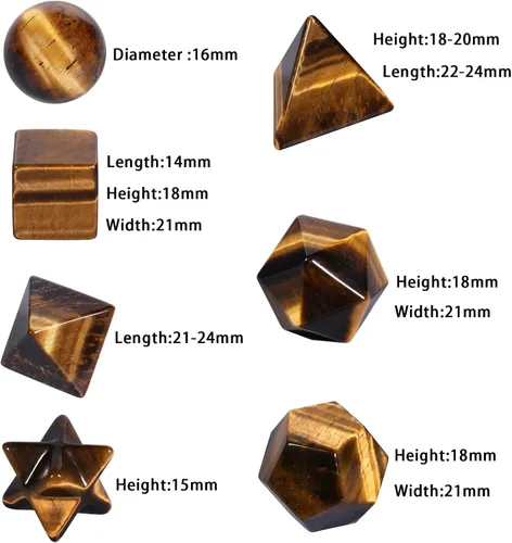 Vista 3 de Nupuyai Paquete de 7 piedras naturales de ojo de tigre curativo platónico de cristal sólido con geometría de estrella Merkaba Kit de piedra
