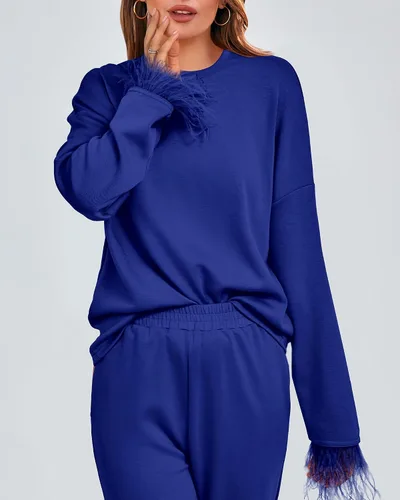 Vista 4 de BTFBM Women Two Piece Outfits 2023 Feather Trim Loose Long Sleeve Pullover Leg Pants Casual Sweatsuit Tracksuits Sets