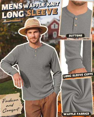 Vista 4 de Ficerd Paquete de 5 camisas de manga larga para hombre Waffle Henley