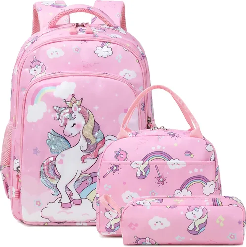 Vista 91 de Juego de mochila para niñas y adolescentes, mochila escolar para niños con bolsa para el almuerzo, estuche para lápices, mochilas escolares