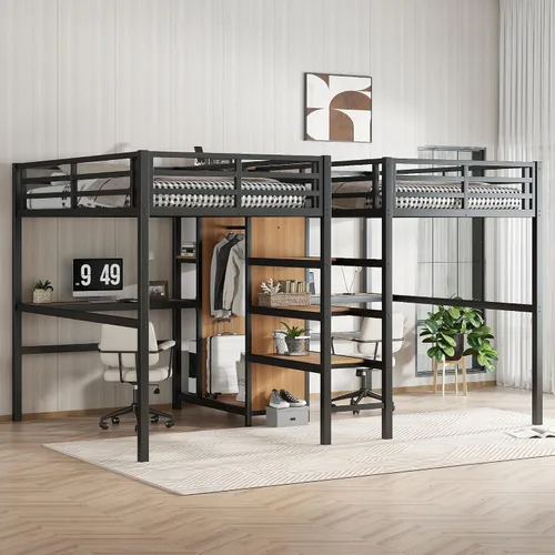 Vista 43 de Cama tipo loft en forma de L tamaño matrimonial e individual con 2 escritorios, tablero de clavijas y cajones de almacenamiento, marco de cama