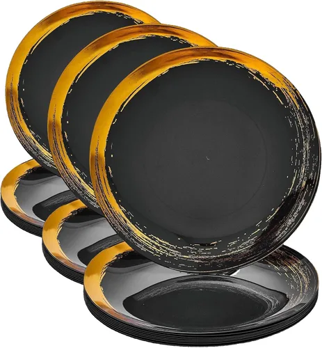 Vista 6 de SILVER SPOONS Platos de plástico con borde de pincel dorado para fiestas (10 unidades) Juego de vajilla desechable resistente de 10.25 pulgadas