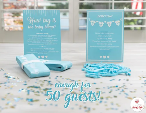 Vista 4 de Party Hearty Juegos Divertidos de Baby Shower para Niño, Juego de 2: ¿Qué Tan Grande Está la Pancita? y No Digas Bebé, Azul Juego de 2