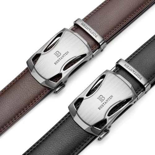 Vista 4 de BOSTANTEN Cinturones de vestir de trinquete para hombre, 2 paquetes, cinturones de cuero genuino para hombres con litera deslizante de clic, recorte