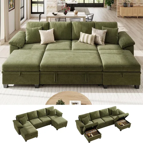 Vista 31 de Ihanherry Sofá modular de 86 pulgadas con cama extraíble, sofá cama modular en forma de L de 4 plazas con otomana de almacenamiento, sofás Verde