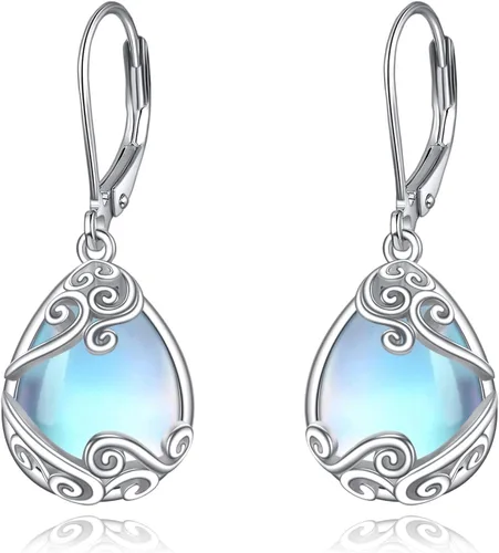 Vista 211 de Aretes colgantes con forma de lágrima de filigrana de piedra lunar de plata de ley 925 con cierre de palanca para mujer, regalos de joyería