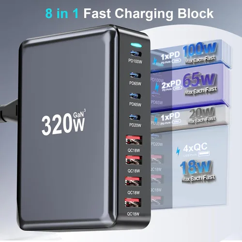Vista 3 de 320W Bloque de Cargador USB C, Estación de Carga Rápida de 8 Puertos USB Hub PD 100W GaN Ⅲ Estación de Carga Pro para Múltiples Dispositivos
