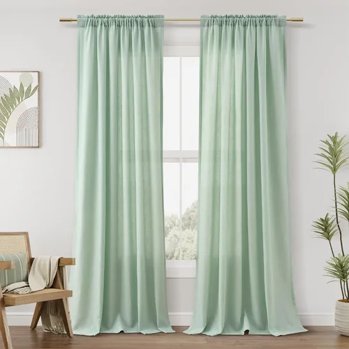 Vista 84 de Cortinas de lino verde aguamarina de 84 pulgadas de largo, juego de 2 paneles semitransparentes con bolsillo para barra para comedor, decoración