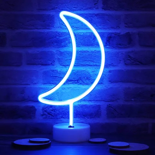 Vista 7 de Letreros LED de neón de luna, luces nocturnas moradas de media luna con USB, funciona con pilas, lámpara de luna para fiesta de cumpleaños, boda