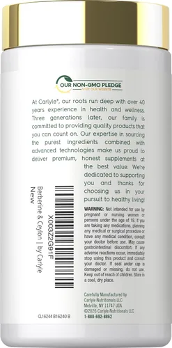 Vista 3 de Carlyle Berberina con canela de Ceilán Complejo de 2000mg 60 cápsulas Vegetariano, sin OGM, sin gluten