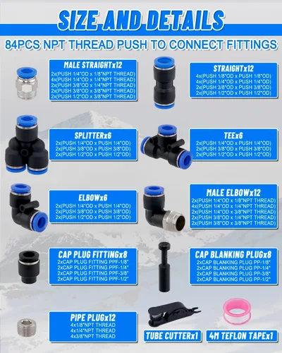 Vista 17 de 32 piezas de accesorios de línea de freno de aire de latón DOT surtido de 1/4" 3/8" 1/2" kit de accesorios de línea de aire de empuje para conectar