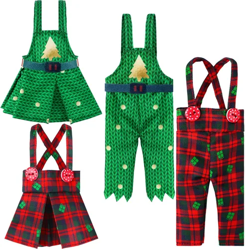 Vista 10 de Hungdao 4 piezas de ropa de muñeca de Navidad, accesorios de Navidad, ropa de muñeca, vestido a cuadros rojo y verde, trajes de vacaciones