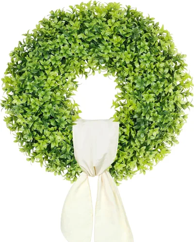 Vista 10 de DDHS Corona de boj de 18 pulgadas para puerta principal – Corona artificial verde de casa de campo, decoración DIY para primavera, verano, otoño e