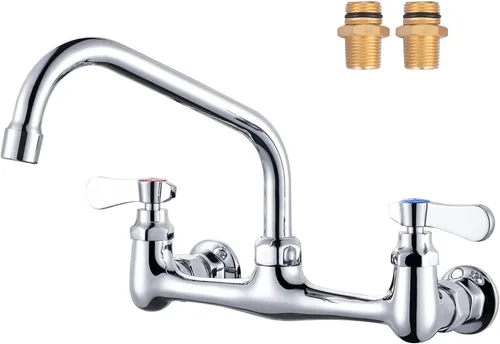 Vista 12 de Grifo de fregadero comercial con boquilla giratoria de cuello de cisne de 6 pulgadas, grifo de cocina de montaje en pared central de 8 pulgadas