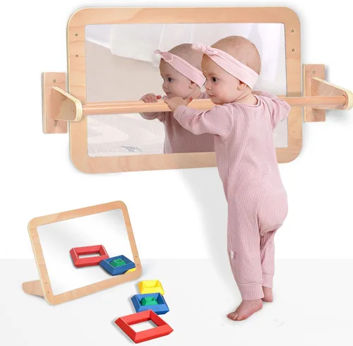 Vista 10 de Montessori Baby Espejo de seguridad inastillable 2 en 1 con barra de dominadas, montaje en pared infantil y juego en el suelo para el tiempo boca